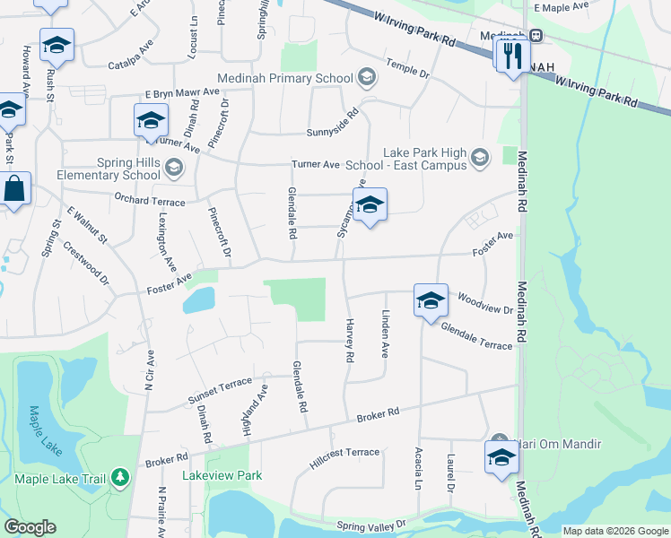 map of restaurants, bars, coffee shops, grocery stores, and more near 6N414 Harvey Road in Medinah