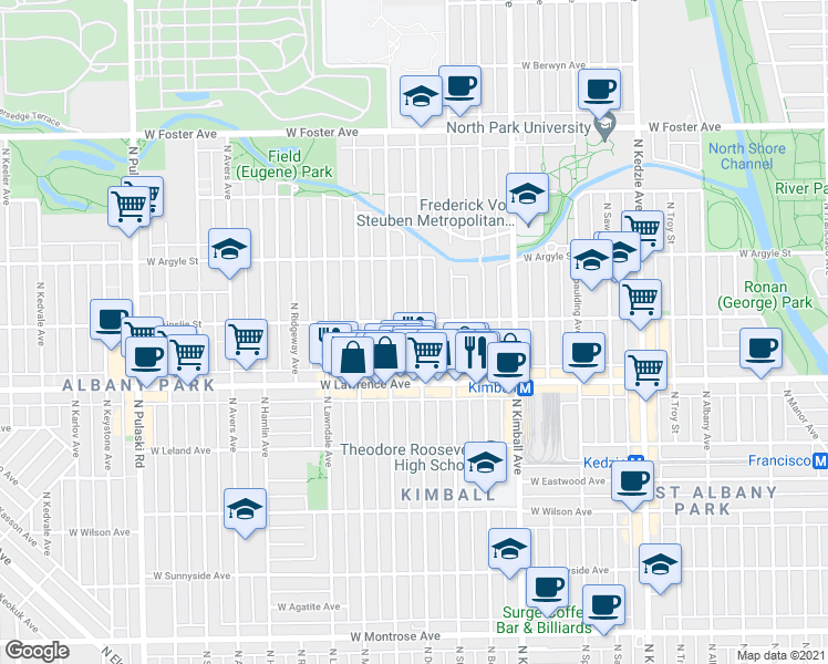 map of restaurants, bars, coffee shops, grocery stores, and more near 4850 North Drake Avenue in Chicago