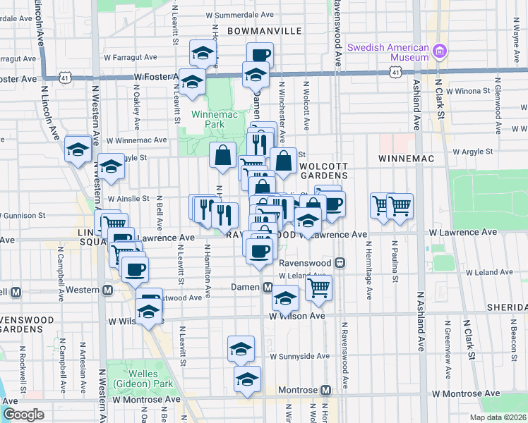 map of restaurants, bars, coffee shops, grocery stores, and more near 4835 North Damen Avenue in Chicago