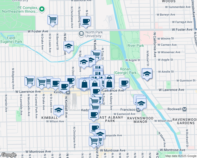 map of restaurants, bars, coffee shops, grocery stores, and more near 4849 North Kedzie Avenue in Chicago