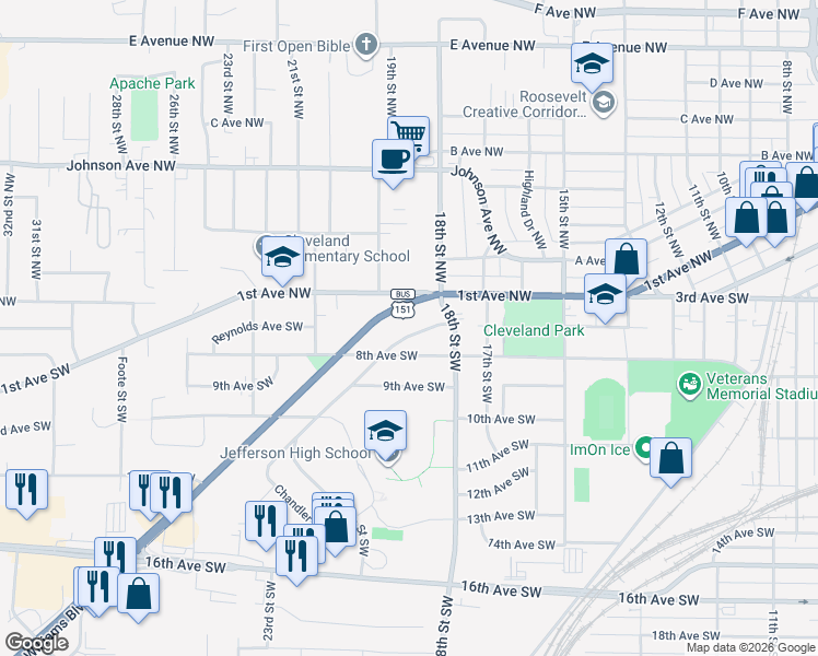 map of restaurants, bars, coffee shops, grocery stores, and more near 1814 Chandler Street Southwest in Cedar Rapids