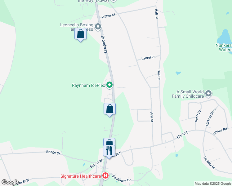 map of restaurants, bars, coffee shops, grocery stores, and more near 1539 Broadway in Raynham