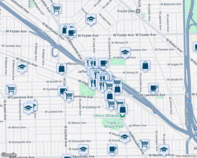 map of restaurants, bars, coffee shops, grocery stores, and more near 4917 North Milwaukee Avenue in Chicago