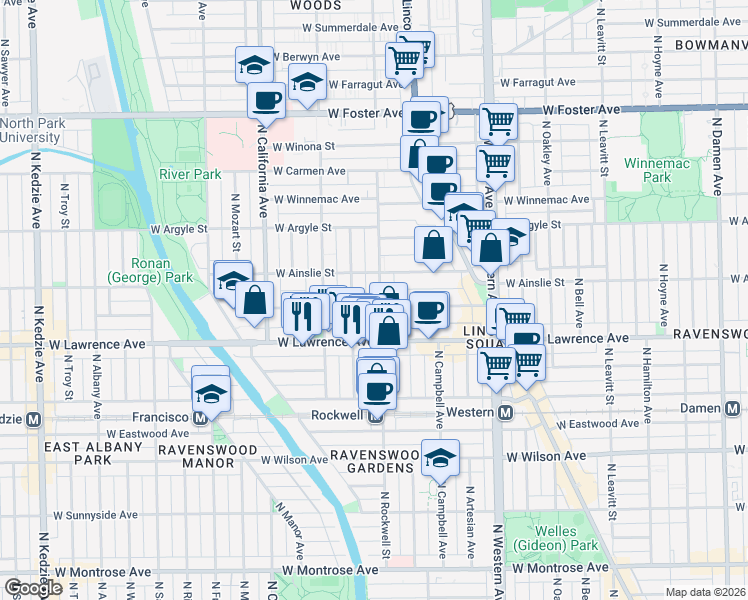 map of restaurants, bars, coffee shops, grocery stores, and more near 4846 North Rockwell Street in Chicago