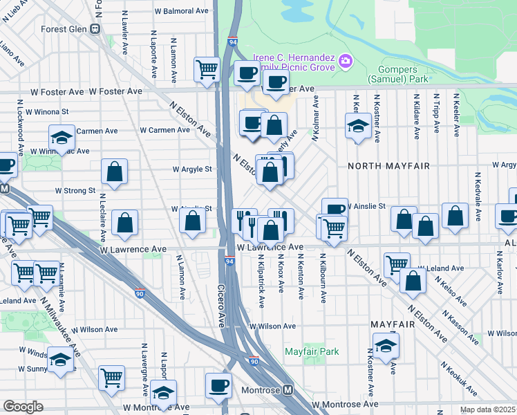 map of restaurants, bars, coffee shops, grocery stores, and more near 4909 North Kruger Avenue in Chicago