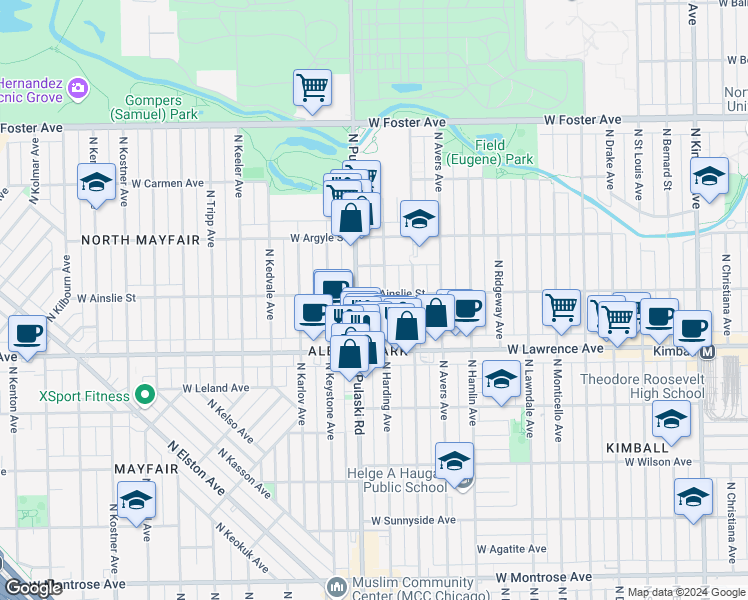 map of restaurants, bars, coffee shops, grocery stores, and more near 3945 West Ainslie Street in Chicago