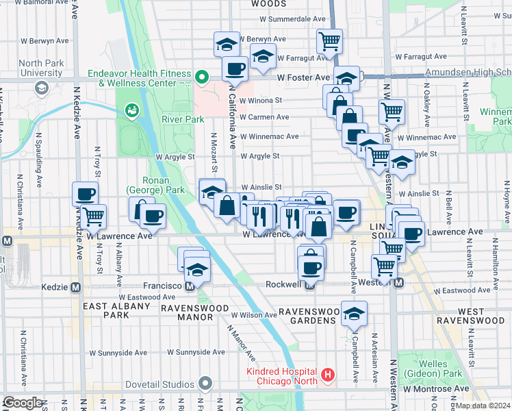 map of restaurants, bars, coffee shops, grocery stores, and more near 2726 West Gunnison Street in Chicago