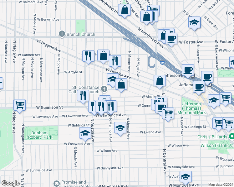 map of restaurants, bars, coffee shops, grocery stores, and more near 4910 North Menard Avenue in Chicago