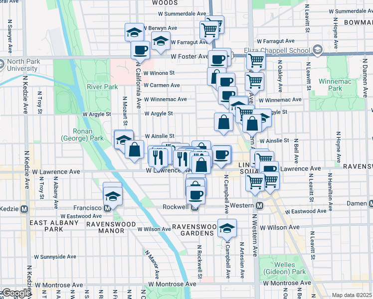 map of restaurants, bars, coffee shops, grocery stores, and more near 4845 North Talman Avenue in Chicago