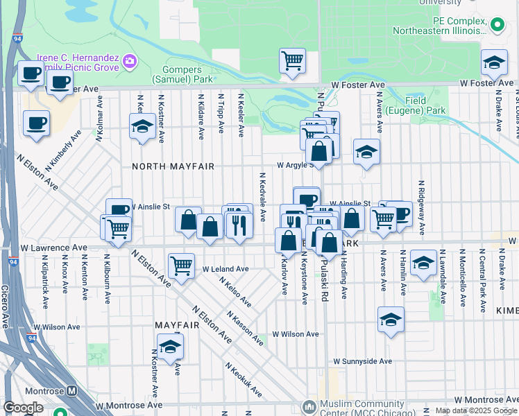map of restaurants, bars, coffee shops, grocery stores, and more near 4856 North Kedvale Avenue in Chicago