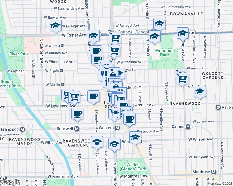 map of restaurants, bars, coffee shops, grocery stores, and more near 4841 North Western Avenue in Chicago