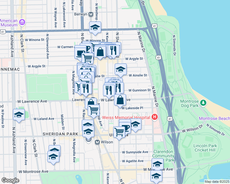 map of restaurants, bars, coffee shops, grocery stores, and more near 1020 West Lawrence Avenue in Chicago