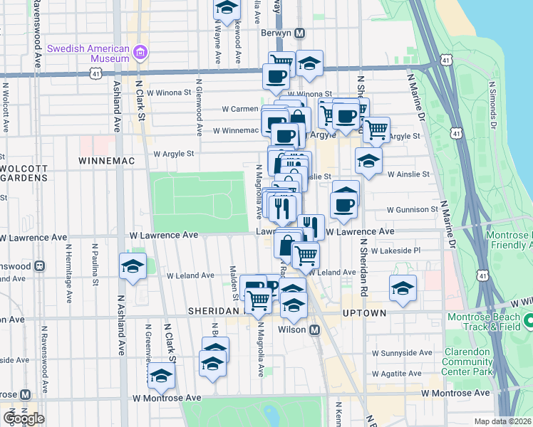 map of restaurants, bars, coffee shops, grocery stores, and more near 4832 North Broadway in Chicago