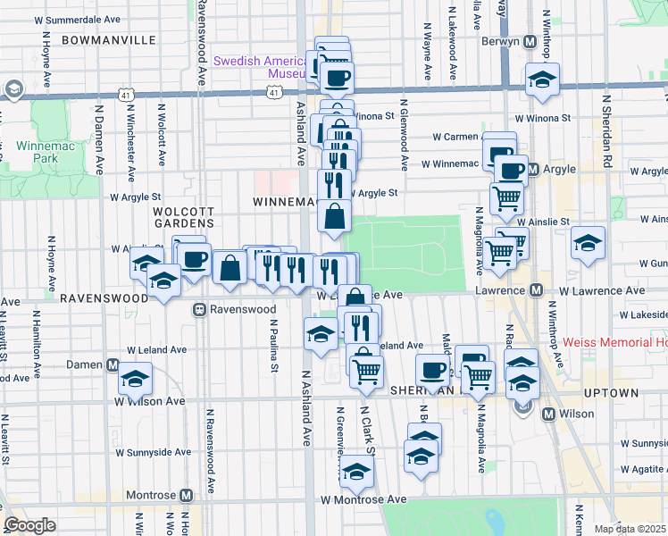 map of restaurants, bars, coffee shops, grocery stores, and more near 4836 North Clark Street in Chicago