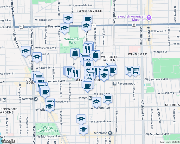 map of restaurants, bars, coffee shops, grocery stores, and more near 4842 North Damen Avenue in Chicago
