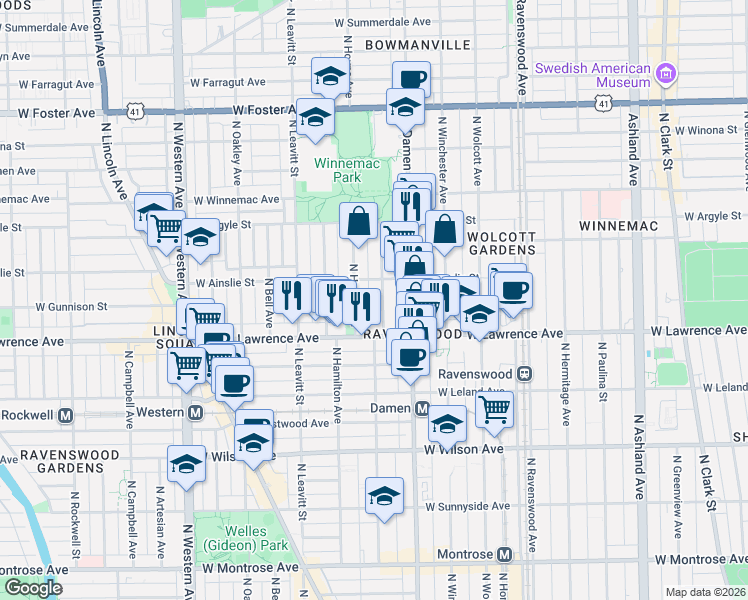map of restaurants, bars, coffee shops, grocery stores, and more near 4842 North Seeley Avenue in Chicago
