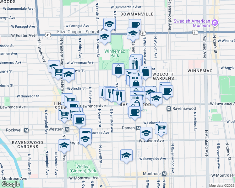 map of restaurants, bars, coffee shops, grocery stores, and more near 4842 North Seeley Avenue in Chicago