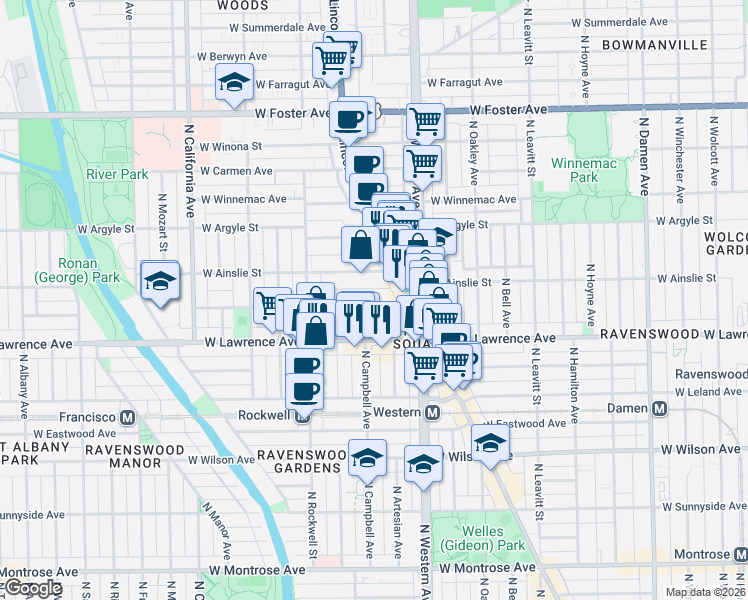 map of restaurants, bars, coffee shops, grocery stores, and more near 2500 West Gunnison Street in Chicago