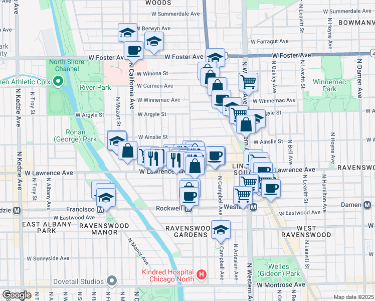 map of restaurants, bars, coffee shops, grocery stores, and more near 4851 North Talman Avenue in Chicago