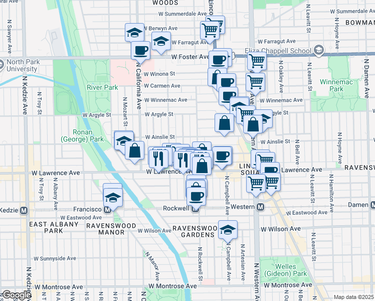 map of restaurants, bars, coffee shops, grocery stores, and more near 4851 North Talman Avenue in Chicago