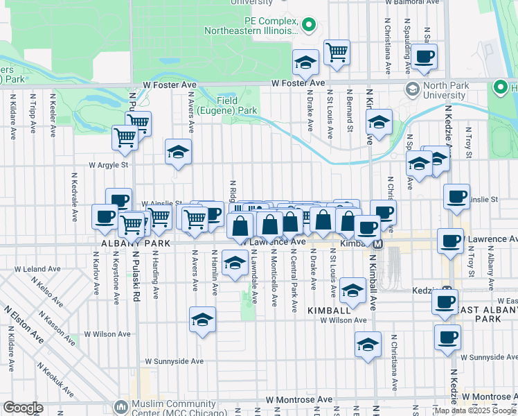 map of restaurants, bars, coffee shops, grocery stores, and more near 4858 North Monticello Avenue in Chicago