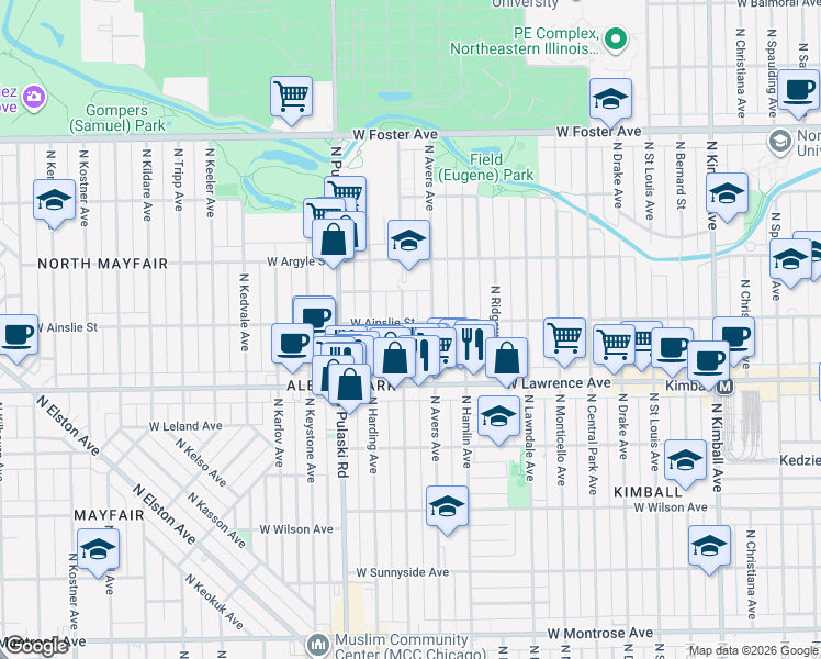 map of restaurants, bars, coffee shops, grocery stores, and more near 4856 North Springfield Avenue in Chicago