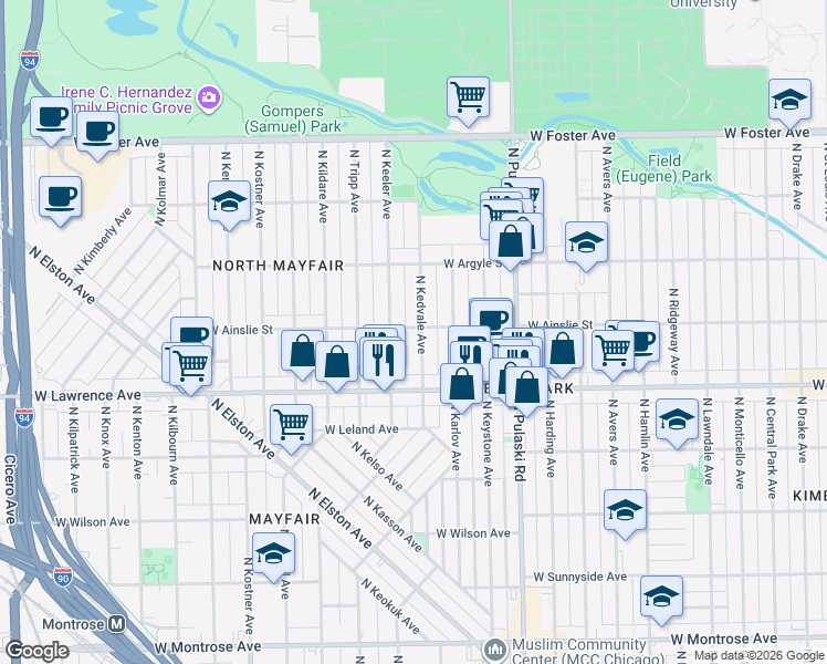 map of restaurants, bars, coffee shops, grocery stores, and more near 4856 North Kedvale Avenue in Chicago