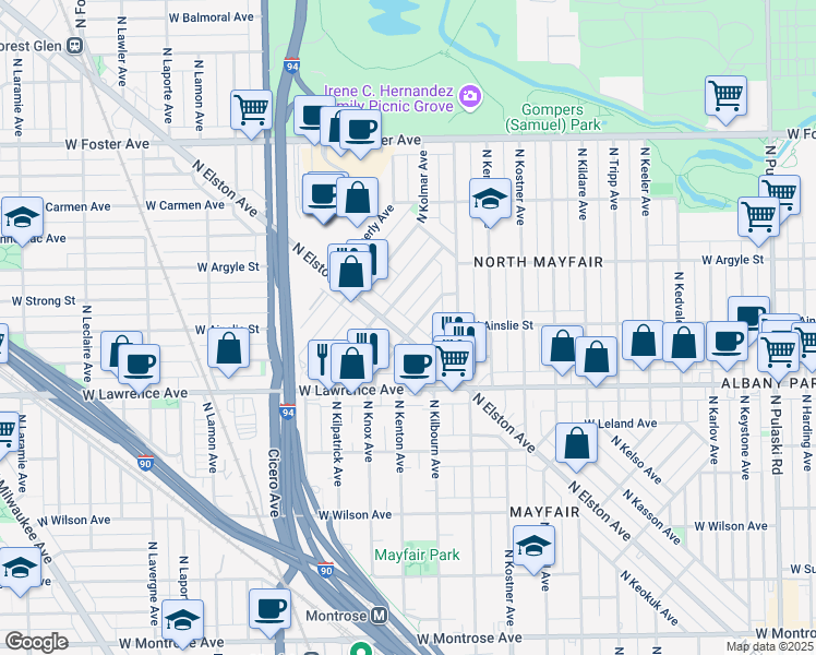 map of restaurants, bars, coffee shops, grocery stores, and more near 4908 North Kentucky Avenue in Chicago