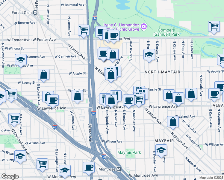 map of restaurants, bars, coffee shops, grocery stores, and more near 4938 North Elston Avenue in Chicago