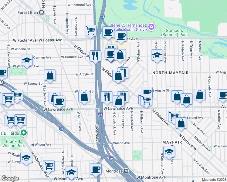 map of restaurants, bars, coffee shops, grocery stores, and more near 4909 North Kruger Avenue in Chicago