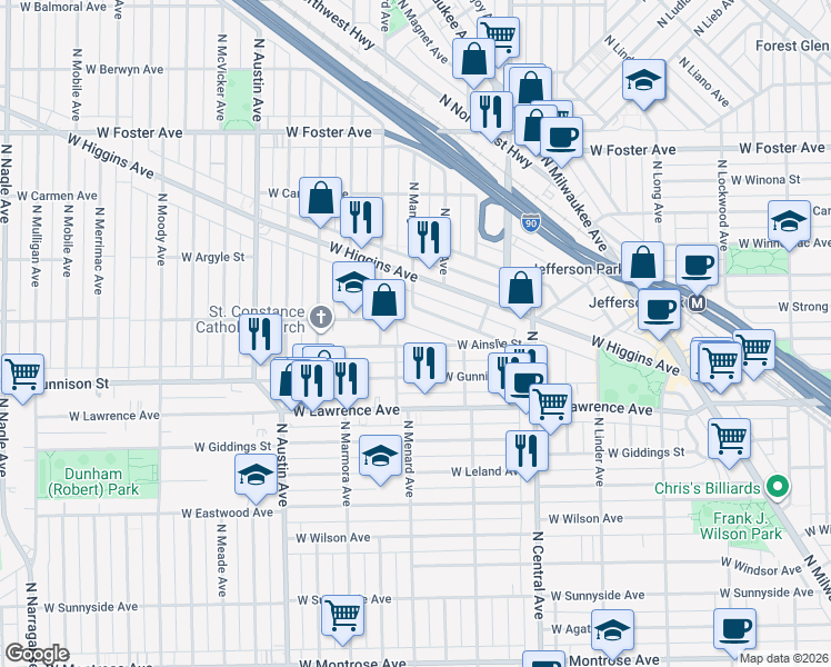 map of restaurants, bars, coffee shops, grocery stores, and more near 5758 West Ainslie Street in Chicago