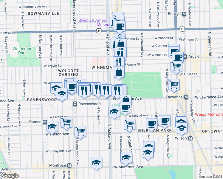 map of restaurants, bars, coffee shops, grocery stores, and more near 4837 North Ashland Avenue in Chicago