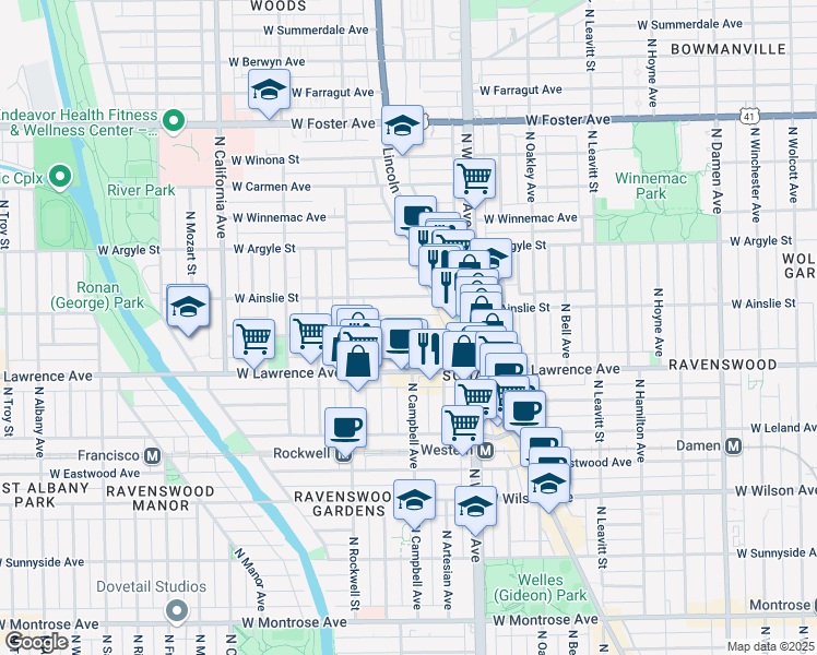 map of restaurants, bars, coffee shops, grocery stores, and more near 2500 West Gunnison Street in Chicago