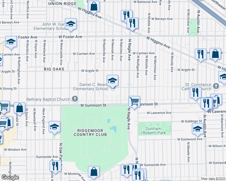map of restaurants, bars, coffee shops, grocery stores, and more near 6445 West Strong Street in Chicago