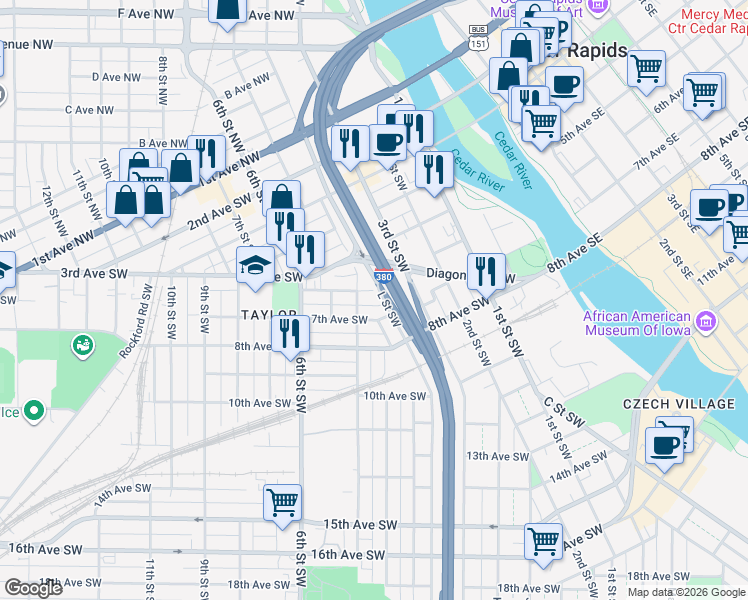 map of restaurants, bars, coffee shops, grocery stores, and more near 345 6th Avenue Southwest in Cedar Rapids