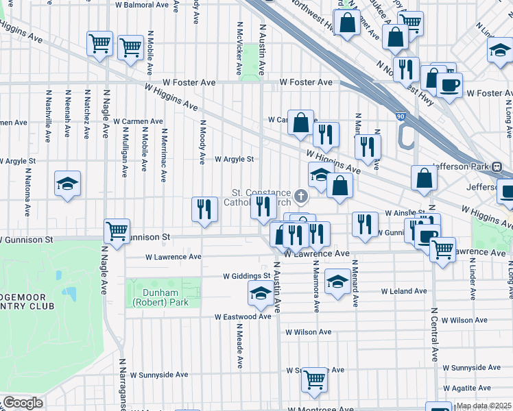 map of restaurants, bars, coffee shops, grocery stores, and more near 4882 North Austin Avenue in Chicago