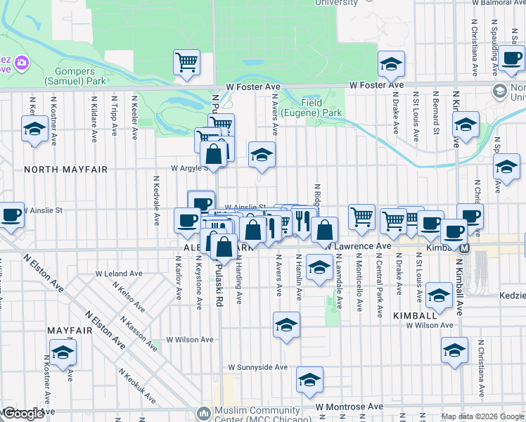 map of restaurants, bars, coffee shops, grocery stores, and more near 4853 North Springfield Avenue in Chicago
