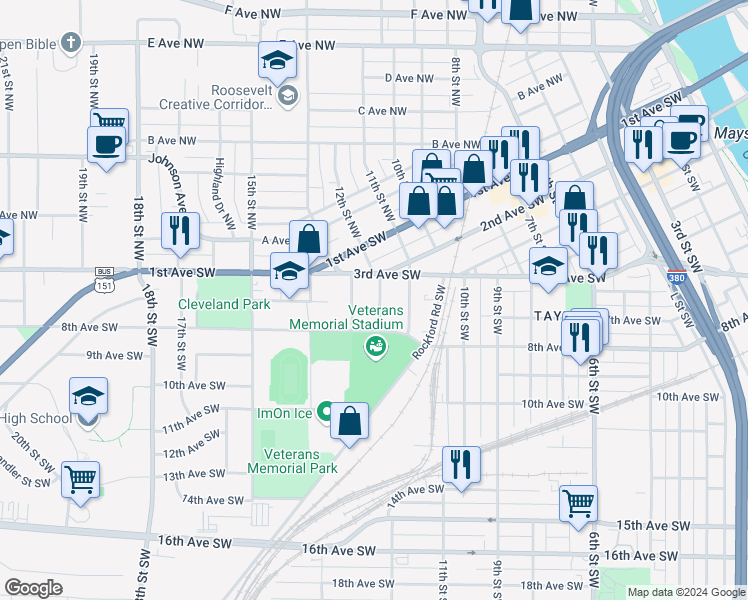 map of restaurants, bars, coffee shops, grocery stores, and more near 326 12th Street Southwest in Cedar Rapids