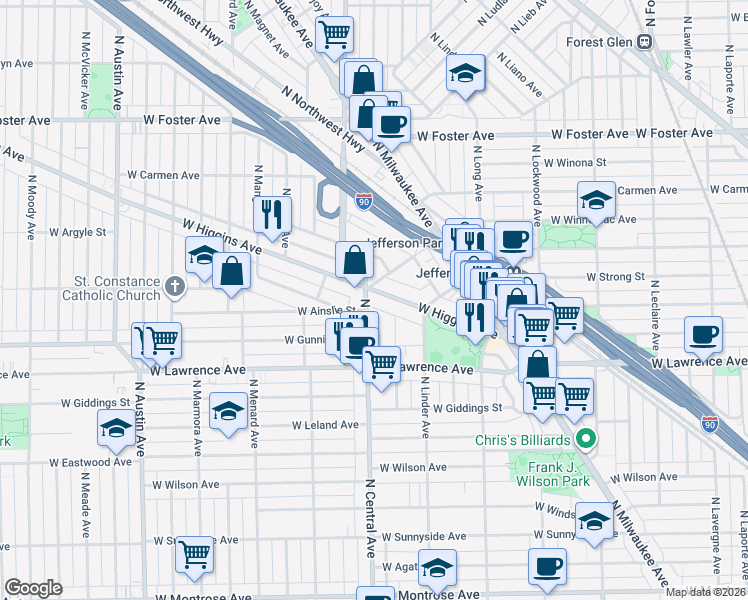 map of restaurants, bars, coffee shops, grocery stores, and more near 5541 West Higgins Avenue in Chicago