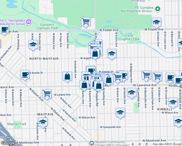 map of restaurants, bars, coffee shops, grocery stores, and more near 4857 North Keystone Avenue in Chicago