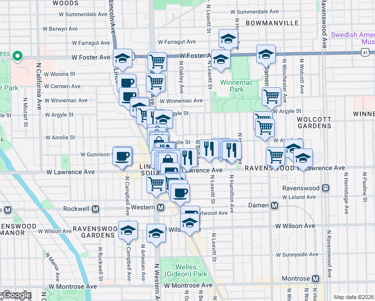 map of restaurants, bars, coffee shops, grocery stores, and more near 4846 North Bell Avenue in Chicago