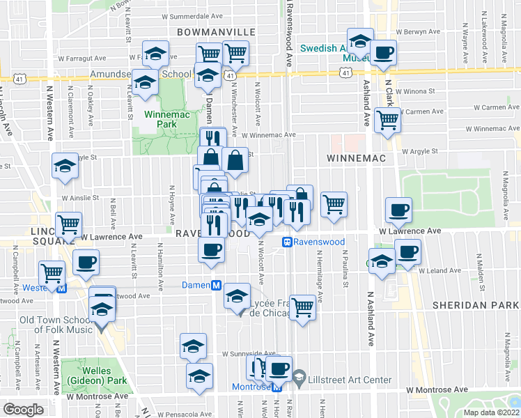 map of restaurants, bars, coffee shops, grocery stores, and more near 4838 North Wolcott Avenue in Chicago