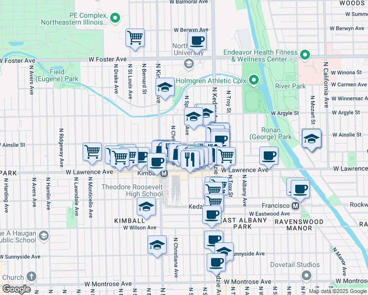 map of restaurants, bars, coffee shops, grocery stores, and more near 4850 North Spaulding Avenue in Chicago