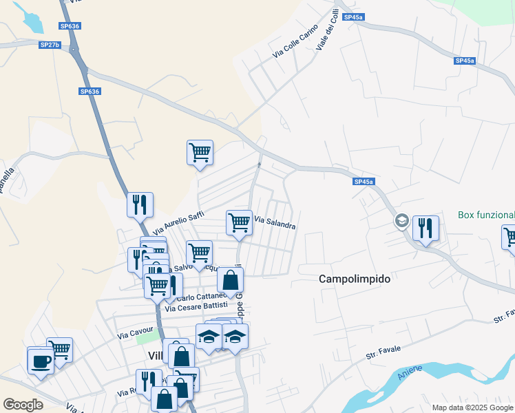 map of restaurants, bars, coffee shops, grocery stores, and more near 63 Via G. B. Rossi in Villanova