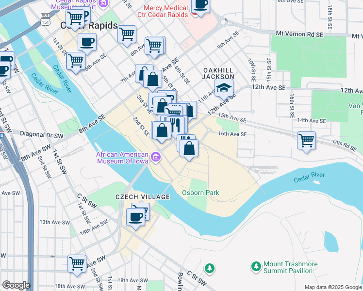 map of restaurants, bars, coffee shops, grocery stores, and more near 1220 3rd Street Southeast in Cedar Rapids