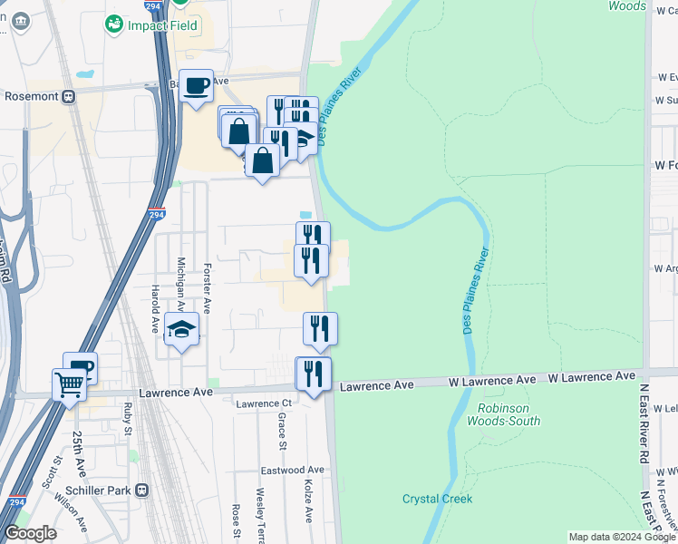 map of restaurants, bars, coffee shops, grocery stores, and more near 5019 River Road in Schiller Park