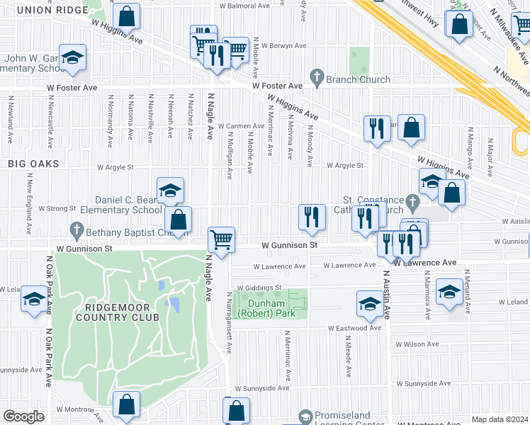 map of restaurants, bars, coffee shops, grocery stores, and more near 4850 North Merrimac Avenue in Chicago