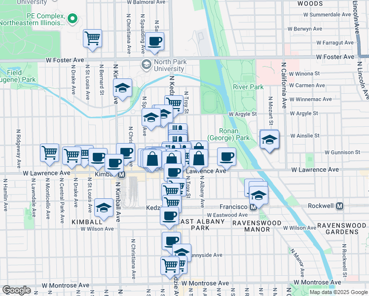 map of restaurants, bars, coffee shops, grocery stores, and more near 4850 North Troy Street in Chicago
