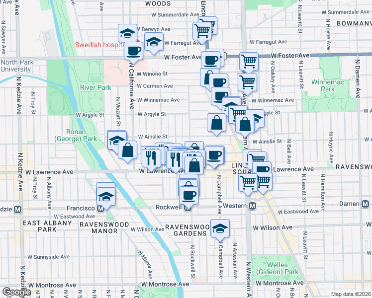 map of restaurants, bars, coffee shops, grocery stores, and more near 4851 North Talman Avenue in Chicago