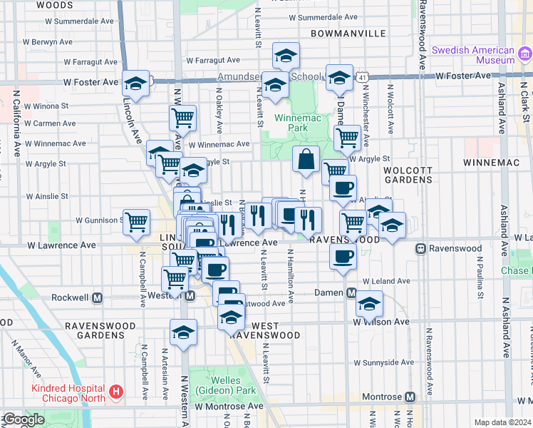 map of restaurants, bars, coffee shops, grocery stores, and more near 4841 North Leavitt Street in Chicago